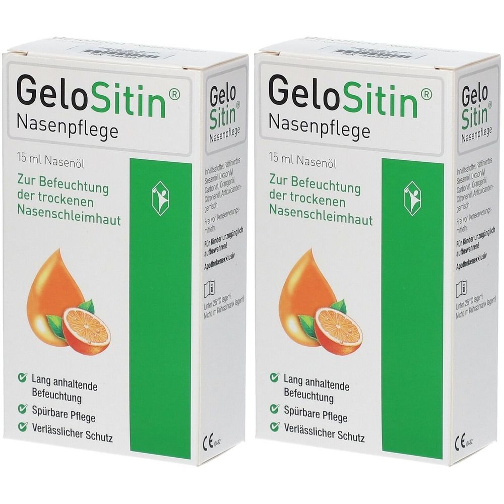 Zwei Kartons GeloSitin Nasenpflege. Weiße Verpackung mit grünen Akzenten. Produktabbildung: Tropfen und Orange.