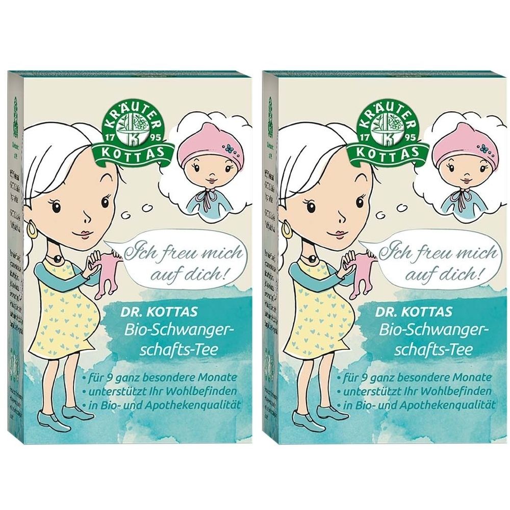 Zwei Kartons DR. KOTTAS Bio-Schwangerschafts-Tee. Aufdruck: schwangere Frau, Textblase mit Text, Logo, Text. Grün, blau, gelb und weiß.