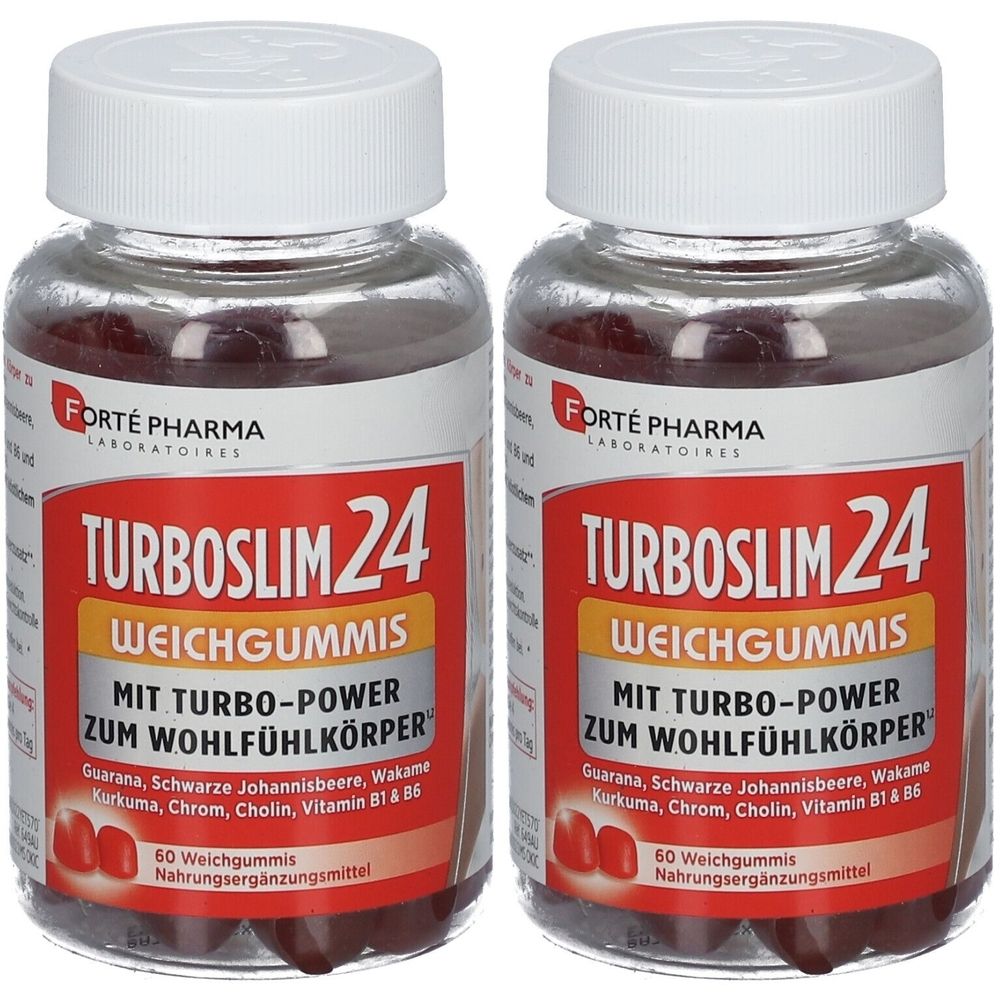 Zwei Flaschen Turboslim 24 Weichgummis. Jede Flasche hat einen weißen Deckel und ein rotes Etikett mit Produktinformationen und der Marke Forte Pharma.
