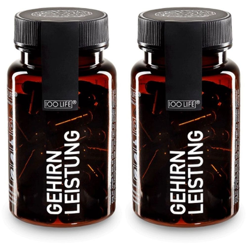 Zwei braune Glasflaschen mit schwarzen Deckeln und Etiketten. Auf den Etiketten steht "GEHIRN LEISTUNG" und "100 LIFE®".