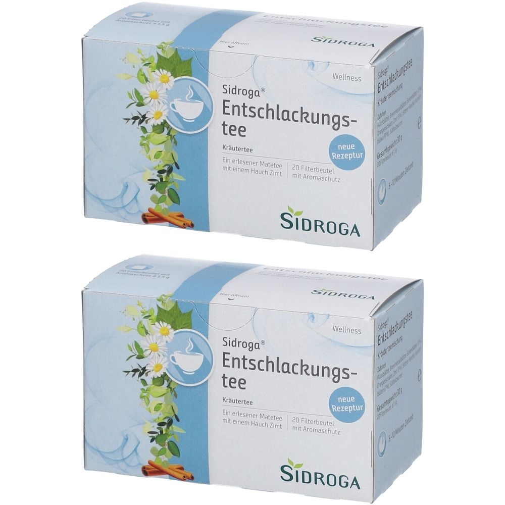 Zwei Schachteln Kräutertee. Aufschrift: Sidroga Entschlackungs-tee. Mit floralem Design und Zimtstangen.