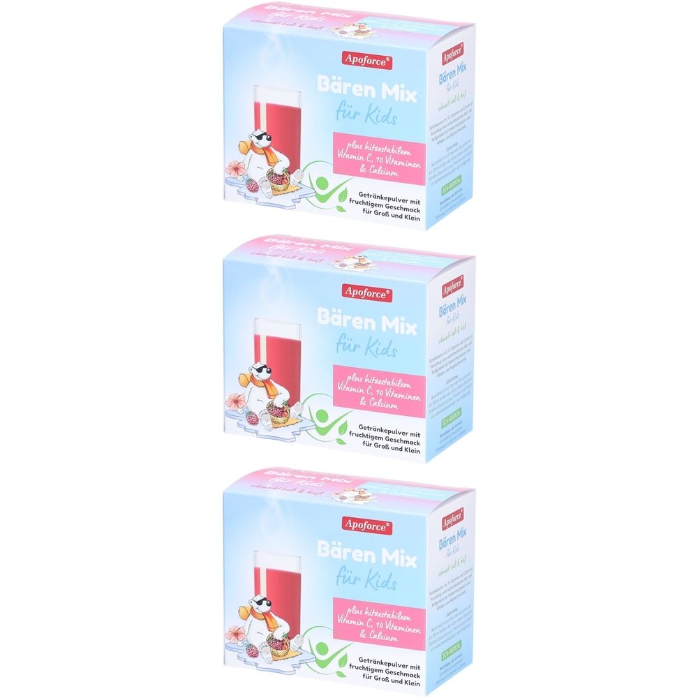 Drei Kartons Apoforce Bären Mix für Kids. Aufdruck: Glas mit rotem Getränk, Eisbär, Schriftzug. Enthält Vitamin C, Calcium.