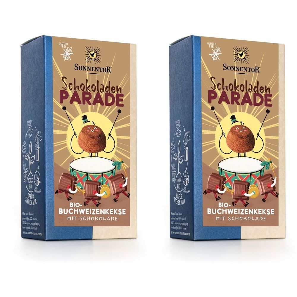 Zwei rechteckige Kartonverpackungen. Aufschrift: Schokoladen Parade, Bio-Buchweizenkekse mit Schokolade. Marke: SonnentoR.