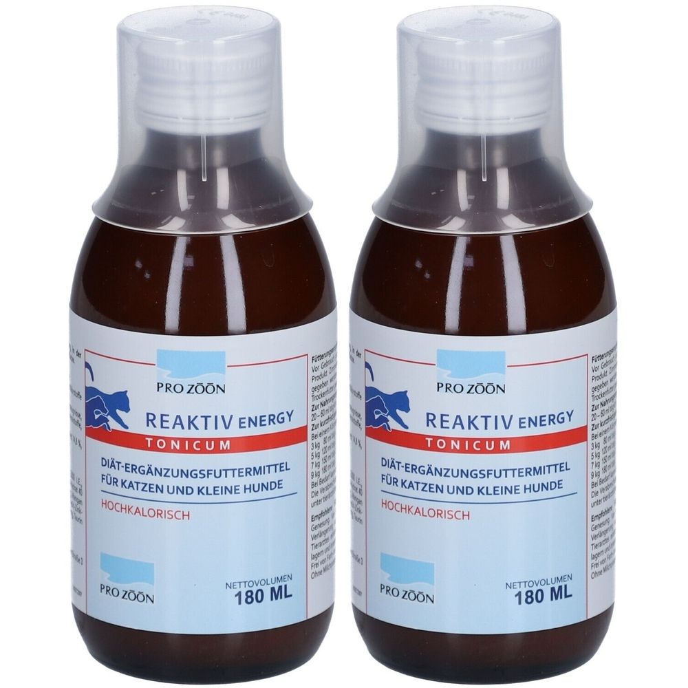 Zwei Flaschen mit brauner Flüssigkeit. Etiketten mit Text: Reaktiv Energy Tonicum, für Katzen und kleine Hunde. 180 ml.