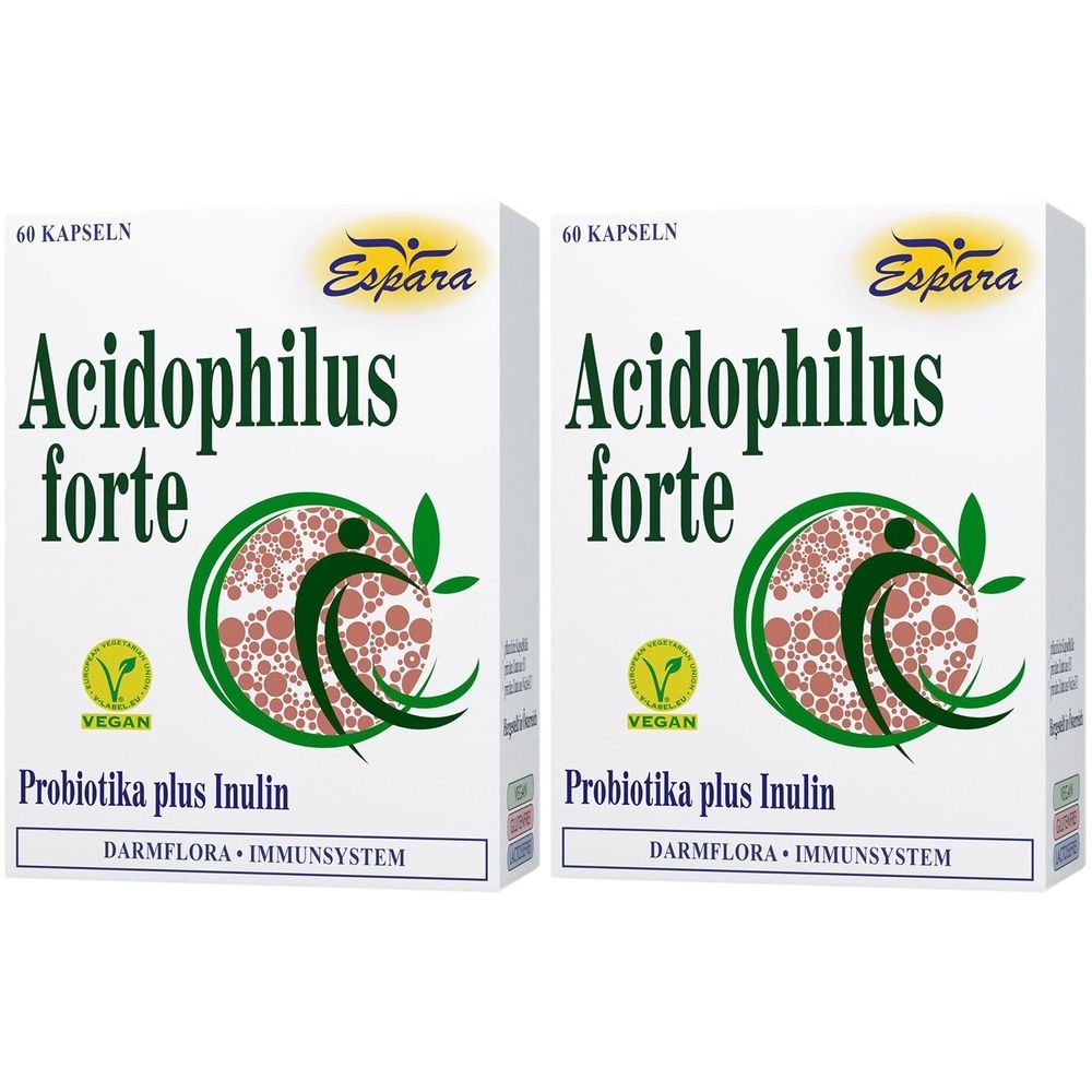 Zwei weiße Kartons mit Produktbezeichnung. Aufschrift: Acidophilus forte, 60 Kapseln, Vegan-Siegel. Text: Probiotika plus Inulin.