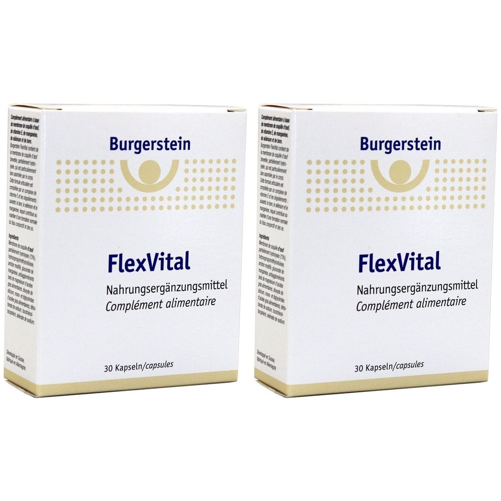 Zwei weiße Kartons mit der Aufschrift Burgerstein FlexVital. Text: Nahrungsergänzungsmittel, Complément alimentaire. 30 Kapseln/capsules.