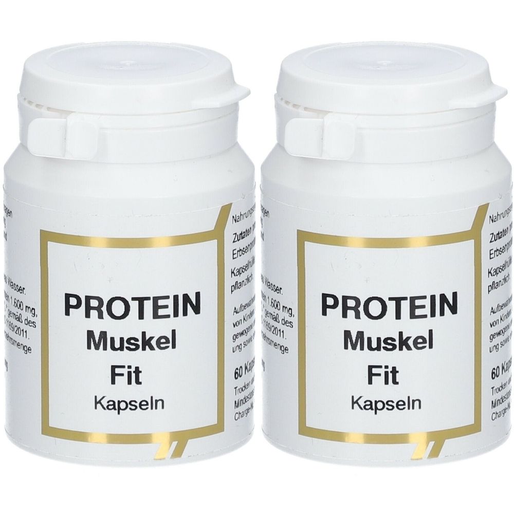 Zwei weiße Flaschen mit Schraubverschluss. Auf dem Etikett steht "PROTEIN Muskel Fit Kapseln".