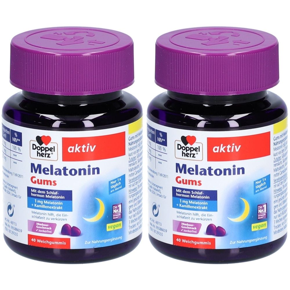 Zwei Flaschen Doppelherz Melatonin Gums. Lila Deckel, Etikett mit Produktinformationen. Vegan, 40 Weichgummis.