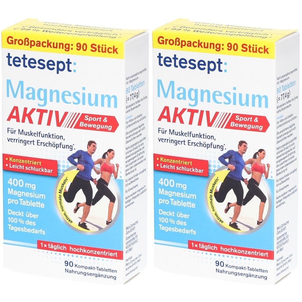 Zwei Packungen Tetesept Magnesium Aktiv. Aufdruck: 90 Tabletten, 400mg Magnesium pro Tablette. Sportler-Abbildung.