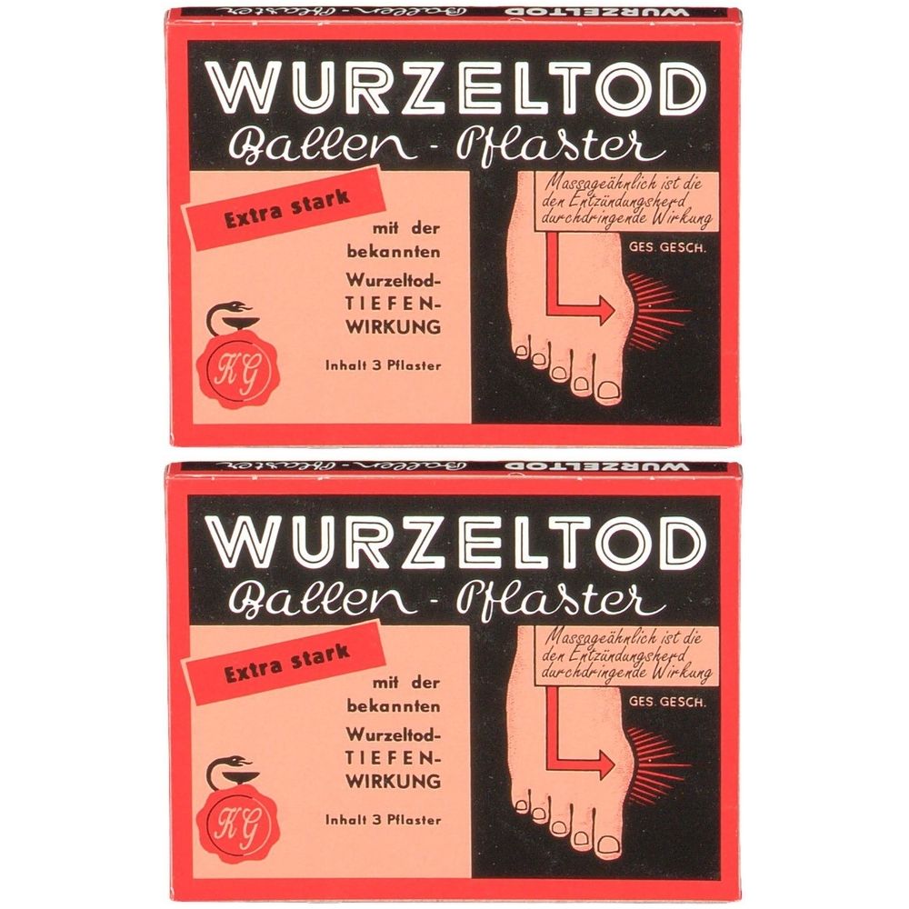 Zwei Schachteln WURZELTOD Ballen-Pflaster. Schwarzer Hintergrund, roter Rahmen, Text und Illustrationen. Enthält 3 Pflaster.