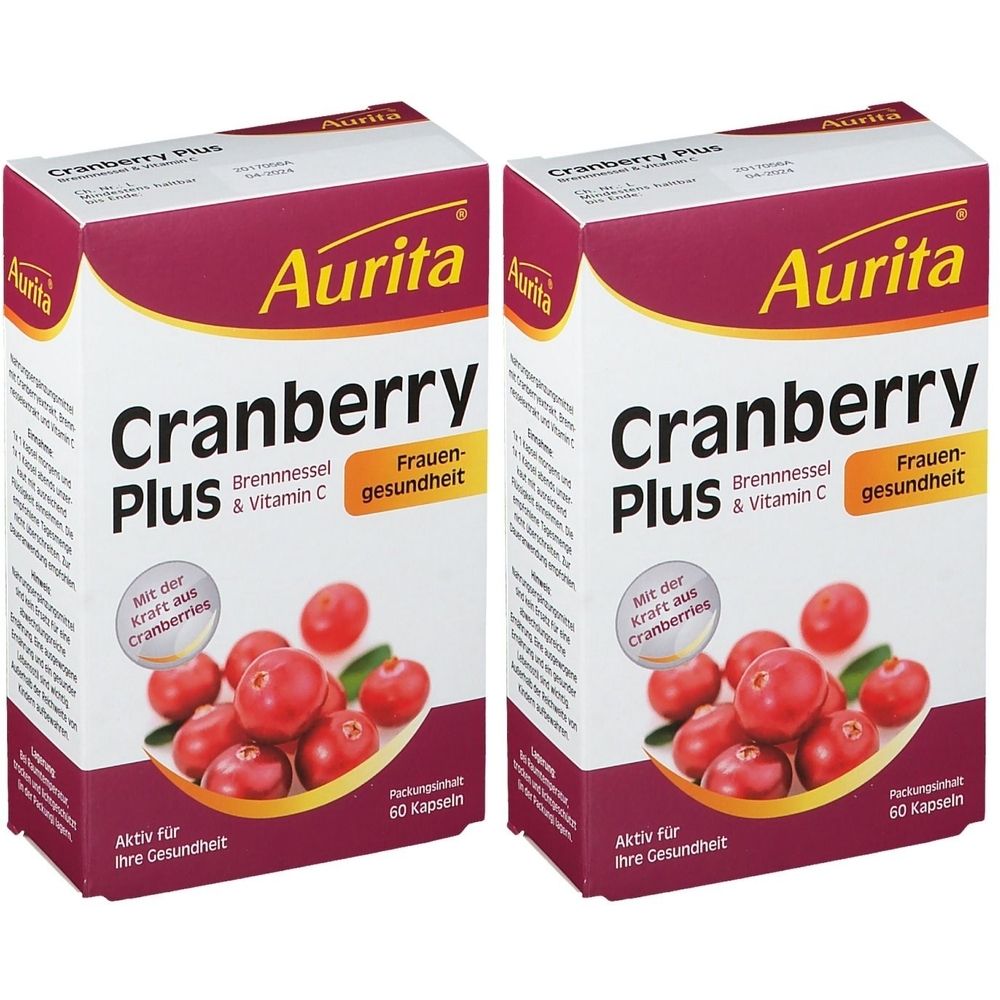 Zwei rechteckige Kartons mit der Aufschrift "Auirita Cranberry Plus". Abbildung von Cranberries. Text: Brennnessel & Vitamin C, 60 Kapseln.