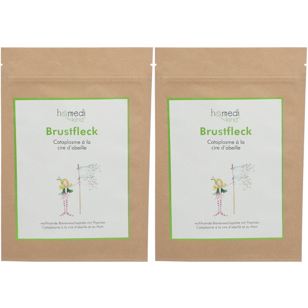 Zwei Beutel mit grünem Etikett. Aufschrift: homedi-kind Brustfleck, Cotoplasme à la cire d'abeille. Illustration einer Figur.