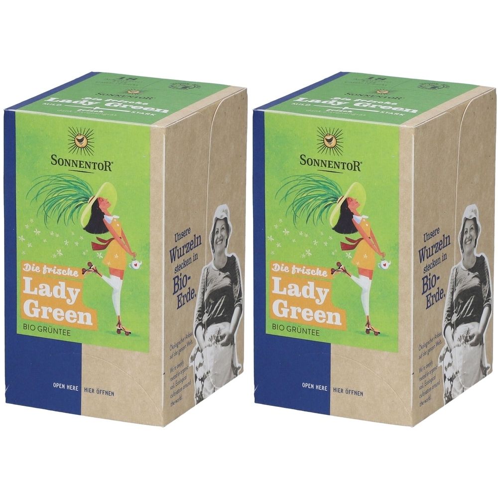 Zwei rechteckige Kartons. Aufdruck: "Sonnentor", "Lady Green" und eine Illustration einer Frau. Bio-Qualität.