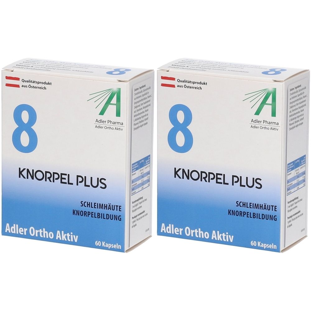Zwei Schachteln mit der Aufschrift "8 KNORPEL PLUS". Auf jeder Schachtel steht "Adler Ortho Aktiv" und "60 Kapseln".