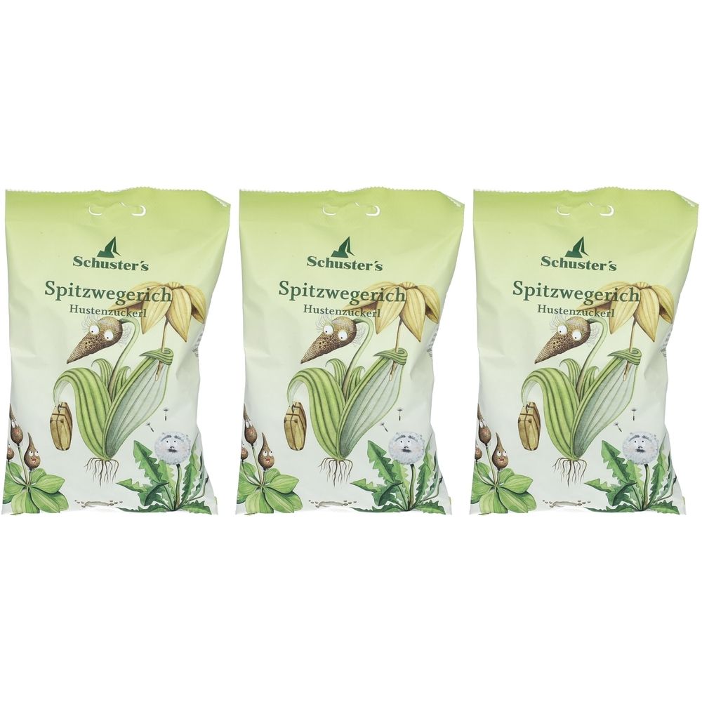 Drei Beutel Schuster's Spitzwegerich Husten-Bonbons. Grün-weiß Verpackung mit Illustrationen von Pflanzen und dem Logo.