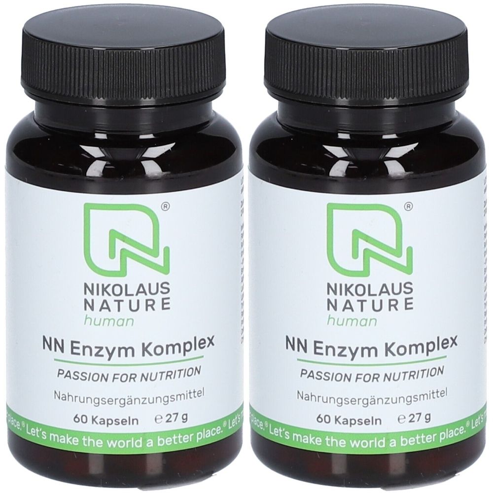 Zwei Flaschen mit schwarzen Deckeln. Auf den Etiketten steht "NN Enzym Komplex" und "NIKOLAUS NATURE human". Enthält 60 Kapseln.