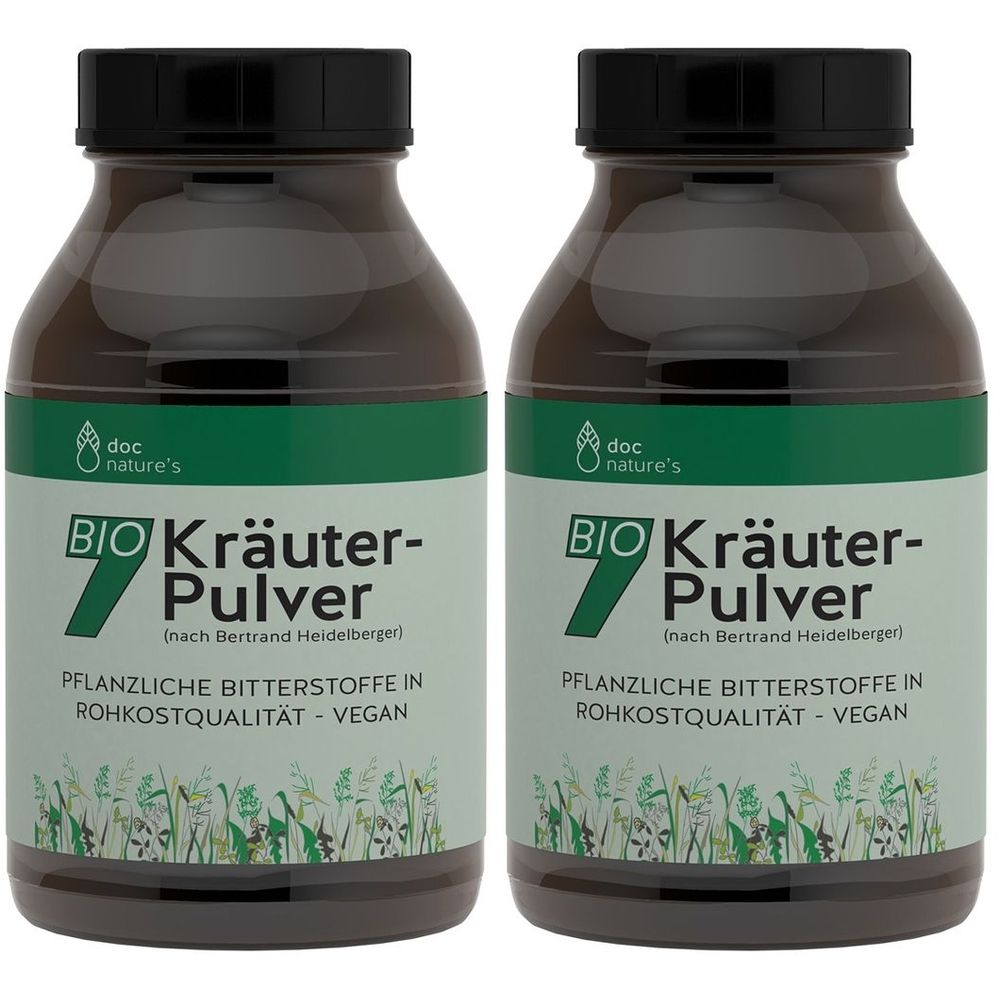 Zwei Flaschen mit schwarzem Deckel. Auf dem Etikett steht "BIO Kräuter-Pulver" und "doc nature's".