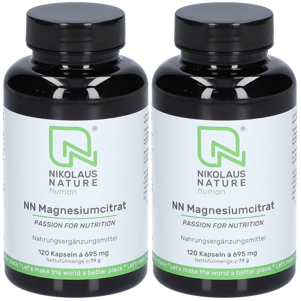 Zwei schwarze Flaschen mit grün-weißem Etikett. Aufschrift: NN Magnesiumcitrat, Nahrungsergänzungsmittel. 120 Kapseln.