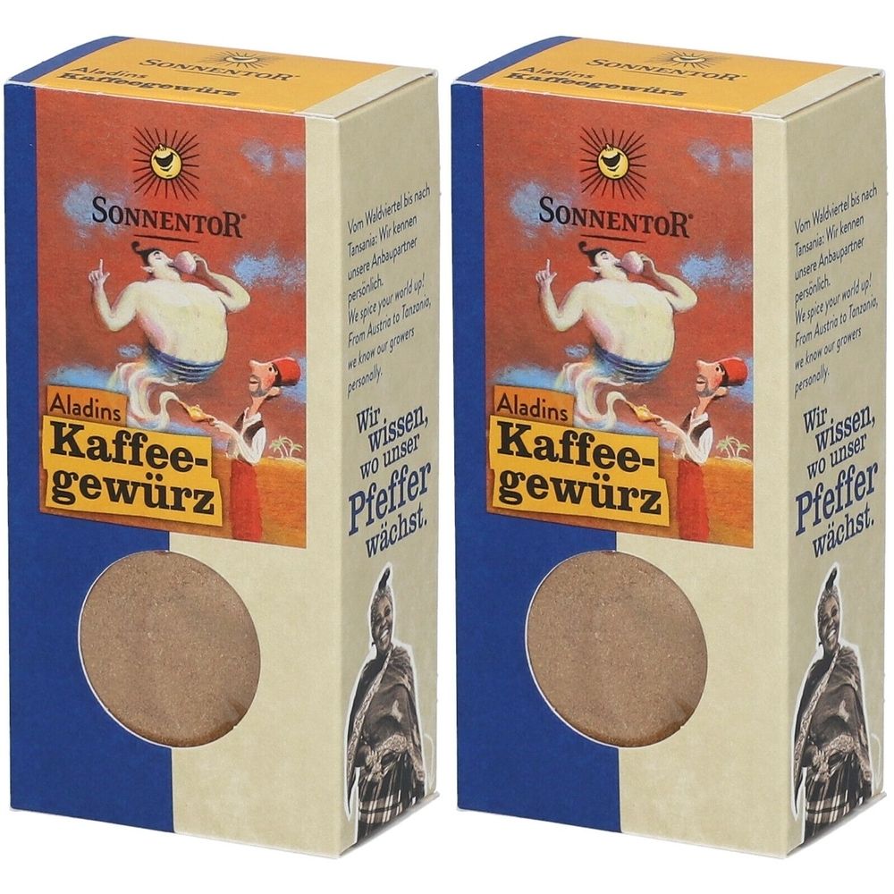 Zwei rechteckige Kartonverpackungen. Aufdruck: SonnentoR, Aladins Kaffeegewürz. Sichtbares rundes Produktfenster. Illustrationen von Figuren.