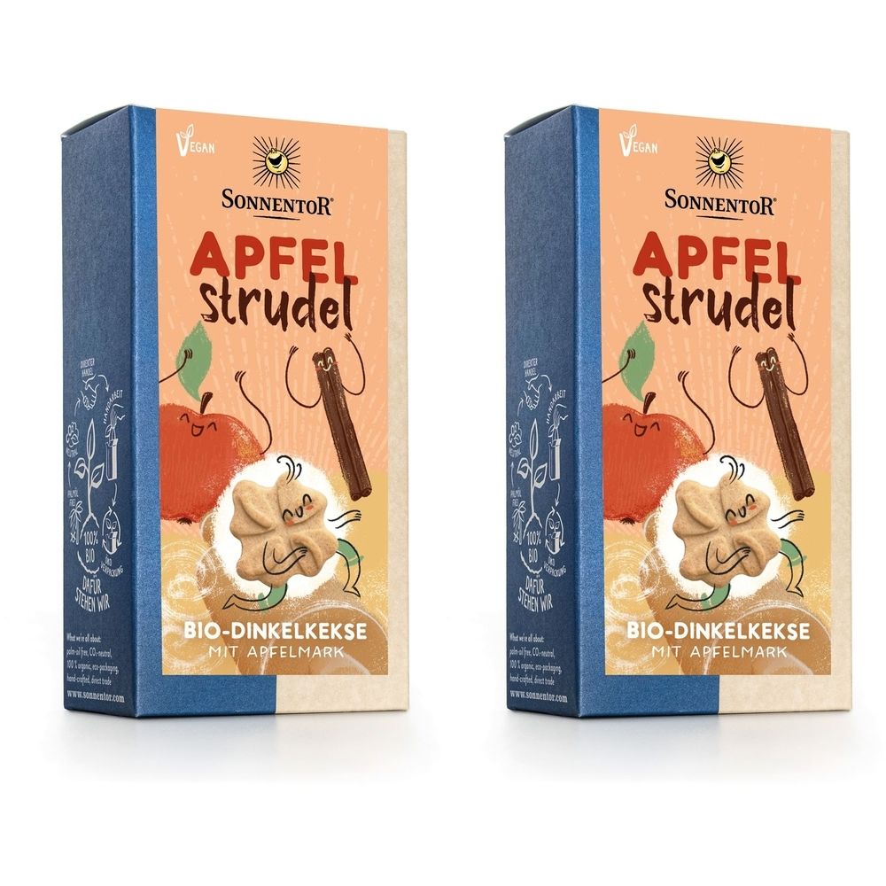 Zwei rechteckige Kartons mit Aufdruck. Aufschrift: Apfelstrudel, Bio-Dinkelkekse mit Apfelmark. Marke: Sonnentor. Vegan-Siegel.