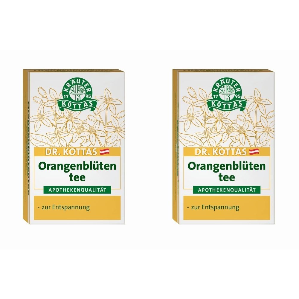 Zwei rechteckige Kartons mit Aufschrift DR. KOTTAS Orangenblütentee. Logo mit floralem Design und Text. Apothekenqualität. Text: - zur Entspannung.