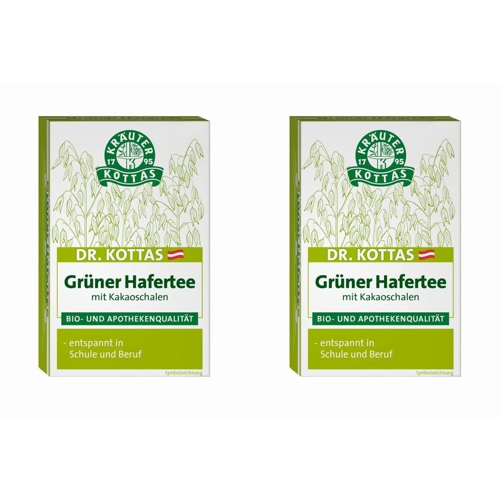 Zwei grüne Kartons mit "DR. KOTTAS Grüner Hafertee mit Kakaoschalen". Text: Bio- und Apothekenqualität. Entspannt in Schule und Beruf.
