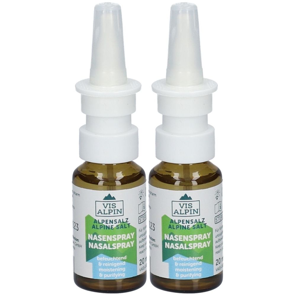 Zwei Nasensprays mit weißem Sprühkopf und brauner Glasflasche. Beschriftung: VIS ALPIN, ALPENSALZ, NASENSPRAY.
