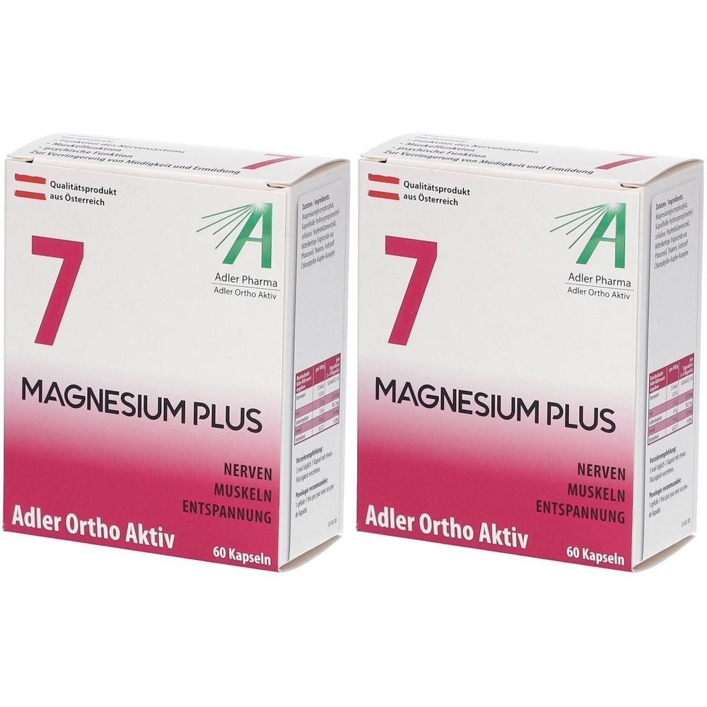 Zwei rechteckige Kartons mit der Aufschrift "7 Magnesium Plus". Marke Adler Pharma. Enthält 60 Kapseln. Weiß, rot und grün.