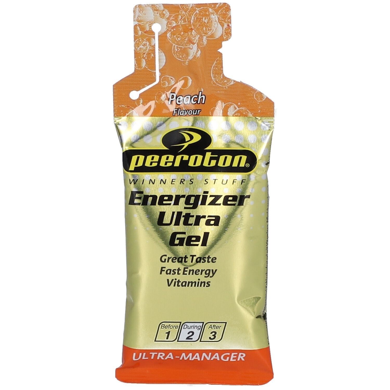 Gel-Beutel mit Pfirsich-Geschmack. Enthält die Aufschrift "peeroton Energizer Ultra Gel". Orangefarbener Aufdruck mit Text und Illustrationen.