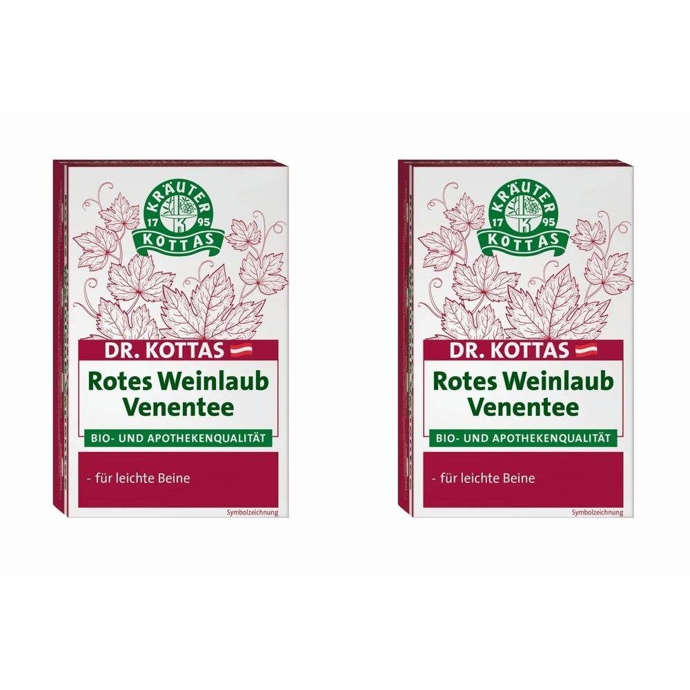 Zwei rechteckige Kartonverpackungen. Aufschrift: DR. KOTTAS Rotes Weinlaub Venentee. Bio- und Apothekenqualität. Für leichte Beine.