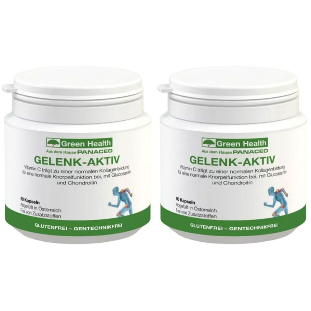 Zwei weiße Behälter mit grünem Etikett. Aufschrift: Green Health GELENK-AKTIV. Enthält Kapseln. Glutenfrei und gentechnikfrei.