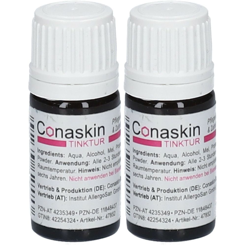 Zwei kleine Flaschen mit weißem Deckel und schwarzem Etikett. Auf dem Etikett steht "Conaskin TINKTUR".