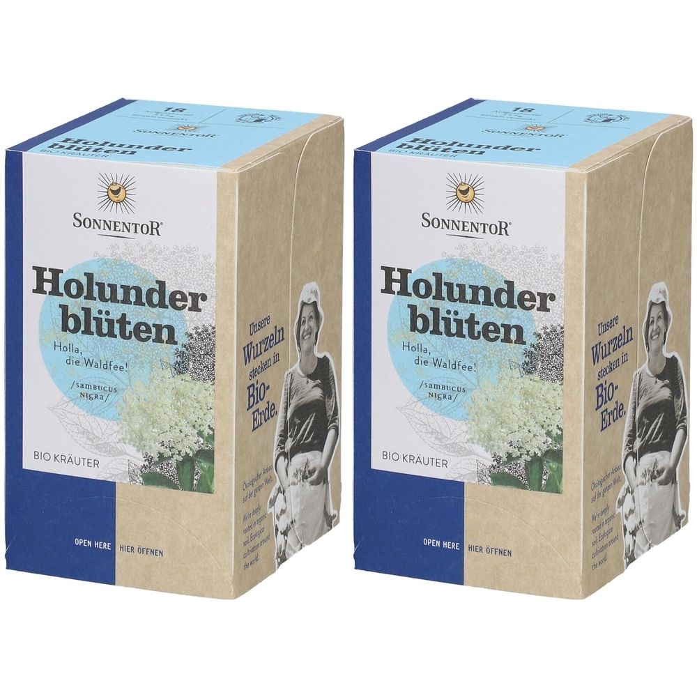 Zwei rechteckige Kartons. Aufschrift: SonnentoR Holunderblüten. Blaue und beige Farbtöne. Bio Kräuter. Abbildung einer Frau.