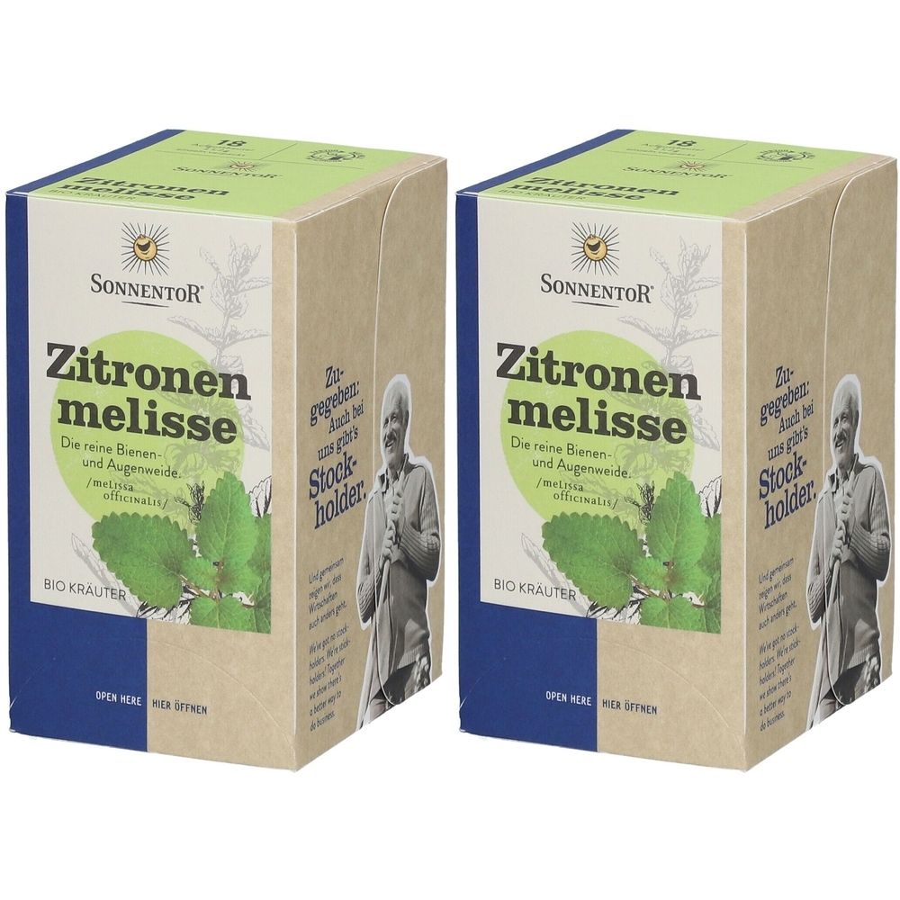 Zwei Kartons mit SonnentoR Zitronenmelisse. Aufschrift: Zitronenmelisse, Bio Kräuter. Abbildung von Zitronenmelisse-Blättern.