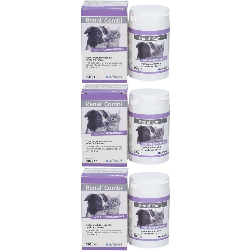 Drei Packungen und Dosen von Renal Combi. Auf den Verpackungen sind ein Hund und eine Katze abgebildet. Aufschrift: Mit Phosphatbinder.