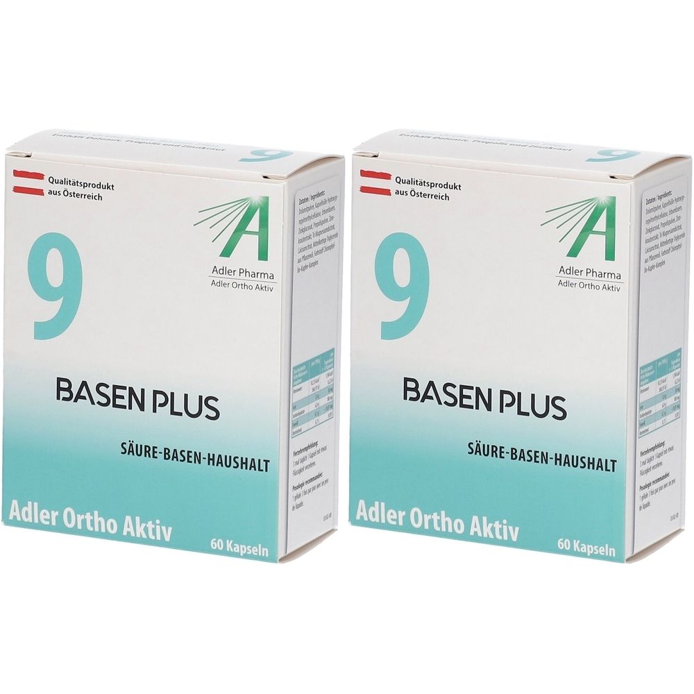 Zwei weiße Kartons mit der Aufschrift "9 BASEN PLUS". Marke: Adler Ortho Aktiv. Enthält 60 Kapseln. Mit österreichischem Qualitätsprodukt-Siegel.