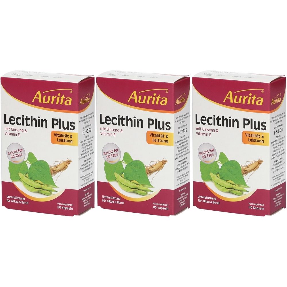 Drei Schachteln Aurita Lecithin Plus. Aufdruck: Ginseng & Vitamin E, Vitalität & Leistung. Abbildung von Blättern und Wurzeln.