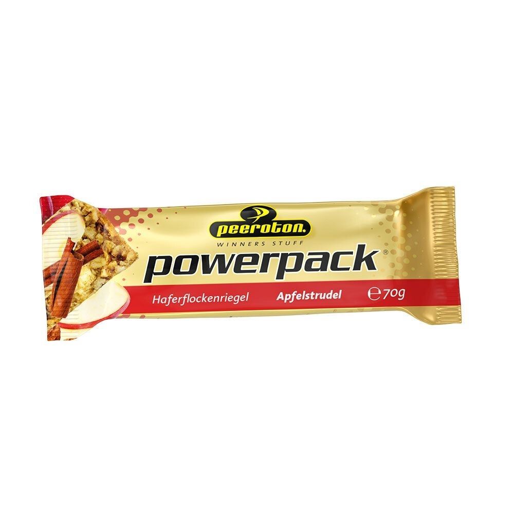Goldfarbene Riegelverpackung. Aufdruck: peeroton powerpack, Haferflockenriegel Apfelstrudel, 70g. Abbildung von Apfelstrudel.