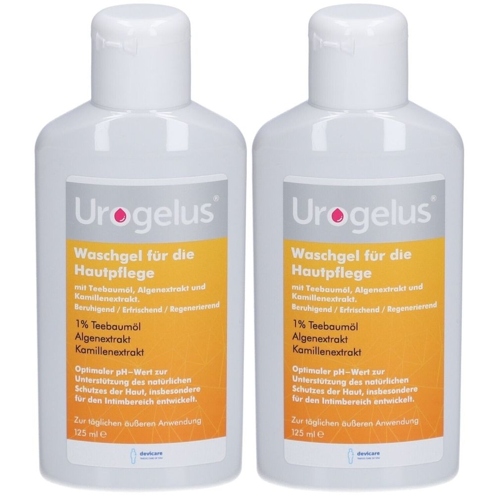 Zwei weiße Flaschen Urogelus Waschgel. Aufkleber mit Produktinformationen und Inhaltsstoffen. 125 ml.