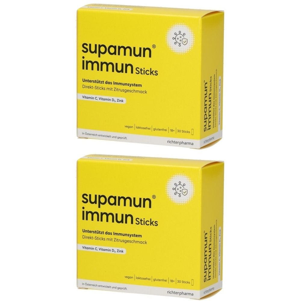 Zwei gelbe Schachteln mit Aufschrift "supamun immun Sticks". Text: Unterstützt das Immunsystem, Direkt-Sticks mit Zitrusgeschmack. Enthält Vitamin C, D, Zink.