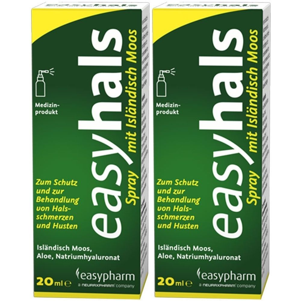 Zwei grüne Schachteln mit "easyhals Spray mit Isländisch Moos". Text: "Zum Schutz und zur Behandlung von Halsschmerzen und Husten". Marke: easypharm.