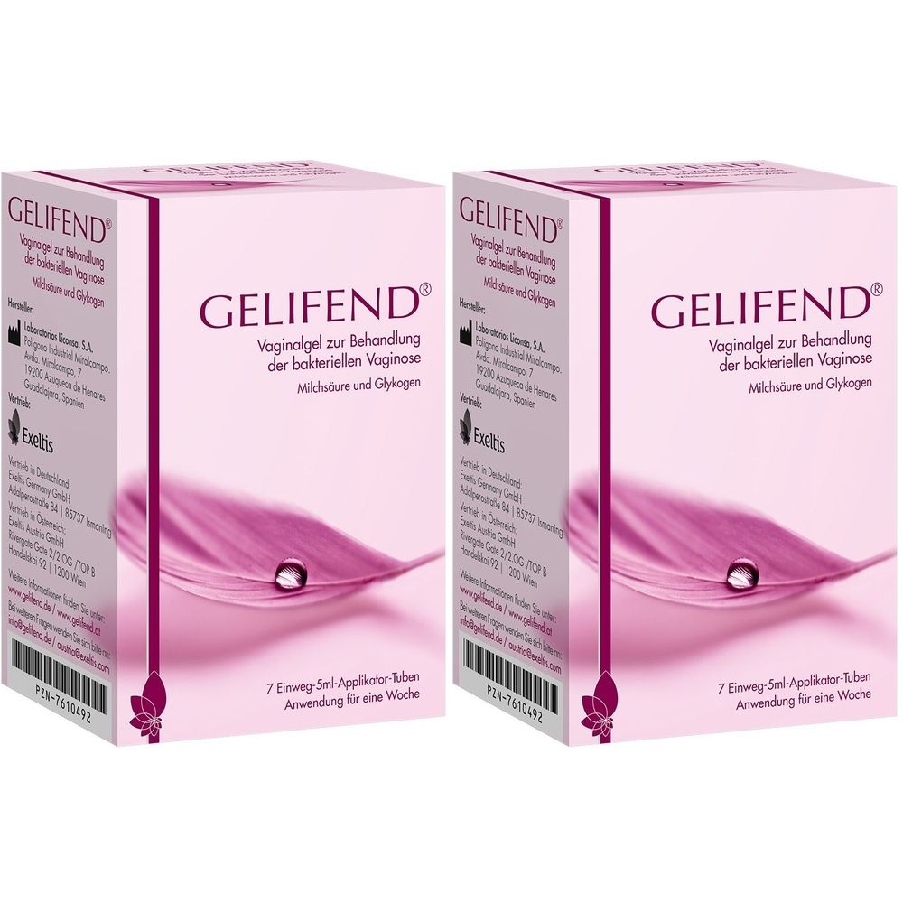 Zwei rechteckige Kartons. Aufdruck: GELIFEND, Vaginalgel zur Behandlung der bakteriellen Vaginose. 7 Einweg-Applikator-Tuben. Rosa und weiß.