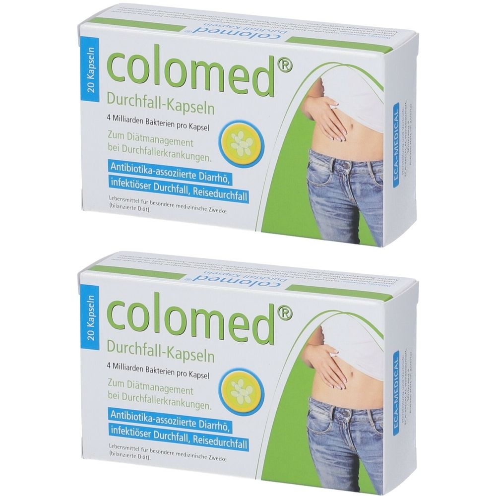 Zwei Schachteln colomed® Durchfall-Kapseln. Weiße Verpackung mit grünen und blauen Akzenten. Text: 20 Kapseln, colomed®, Durchfall-Kapseln.