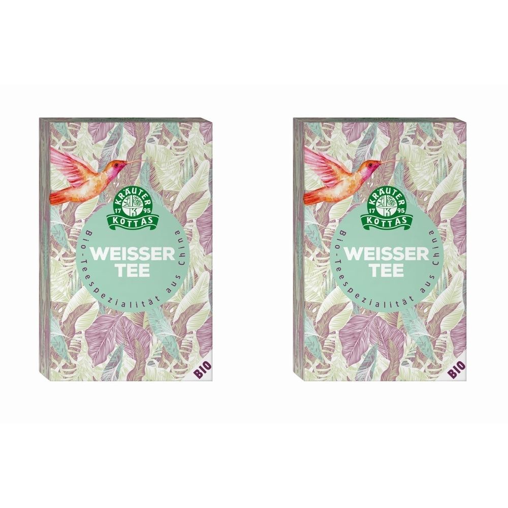 Zwei rechteckige Kartonverpackungen. Aufdruck: Logo, Vogel, Schriftzug "Weisser Tee". Hintergrund mit Blättern.