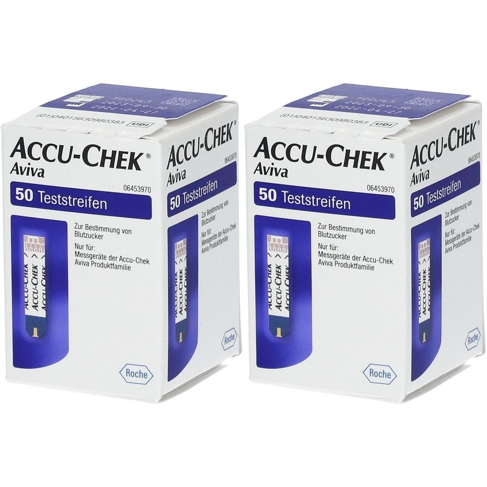 Zwei Schachteln ACCU-CHEK Aviva Teststreifen. Auf jeder Schachtel steht "50 Teststreifen". Blaue und weiße Verpackung mit Produktnamen.
