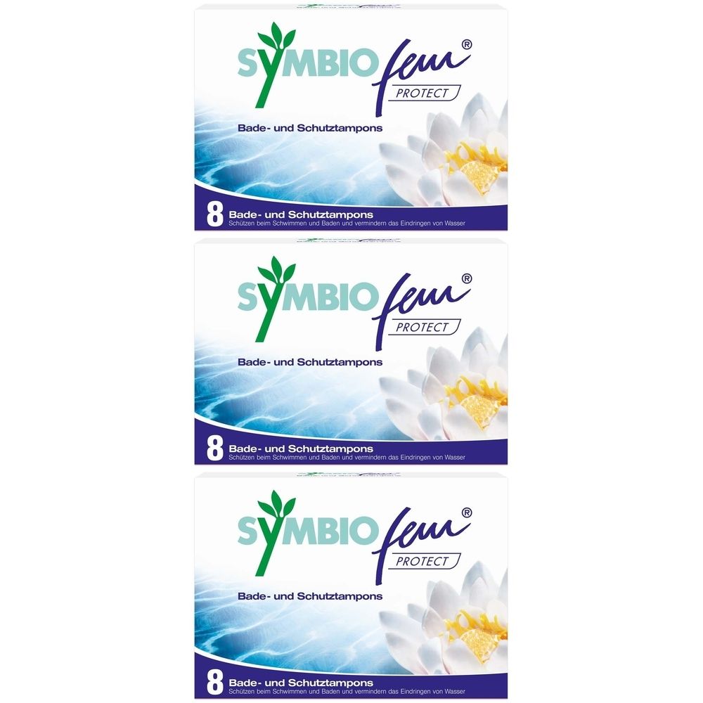 Drei Packungen SYMBIOfem PROTECT. Weiße Verpackung mit Logo, Produktbezeichnung und Blüte. Jede Packung enthält 8 Tampons.
