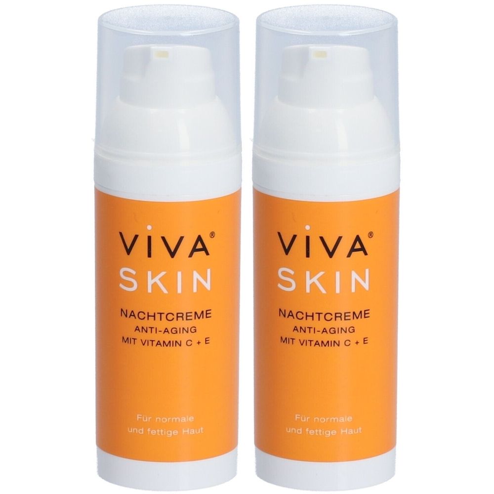 Zwei weiße Cremes mit orangefarbenem Etikett. Aufschrift: VIVA SKIN Nachtcreme, Anti-Aging, mit Vitamin C + E. Für normale und fettige Haut.