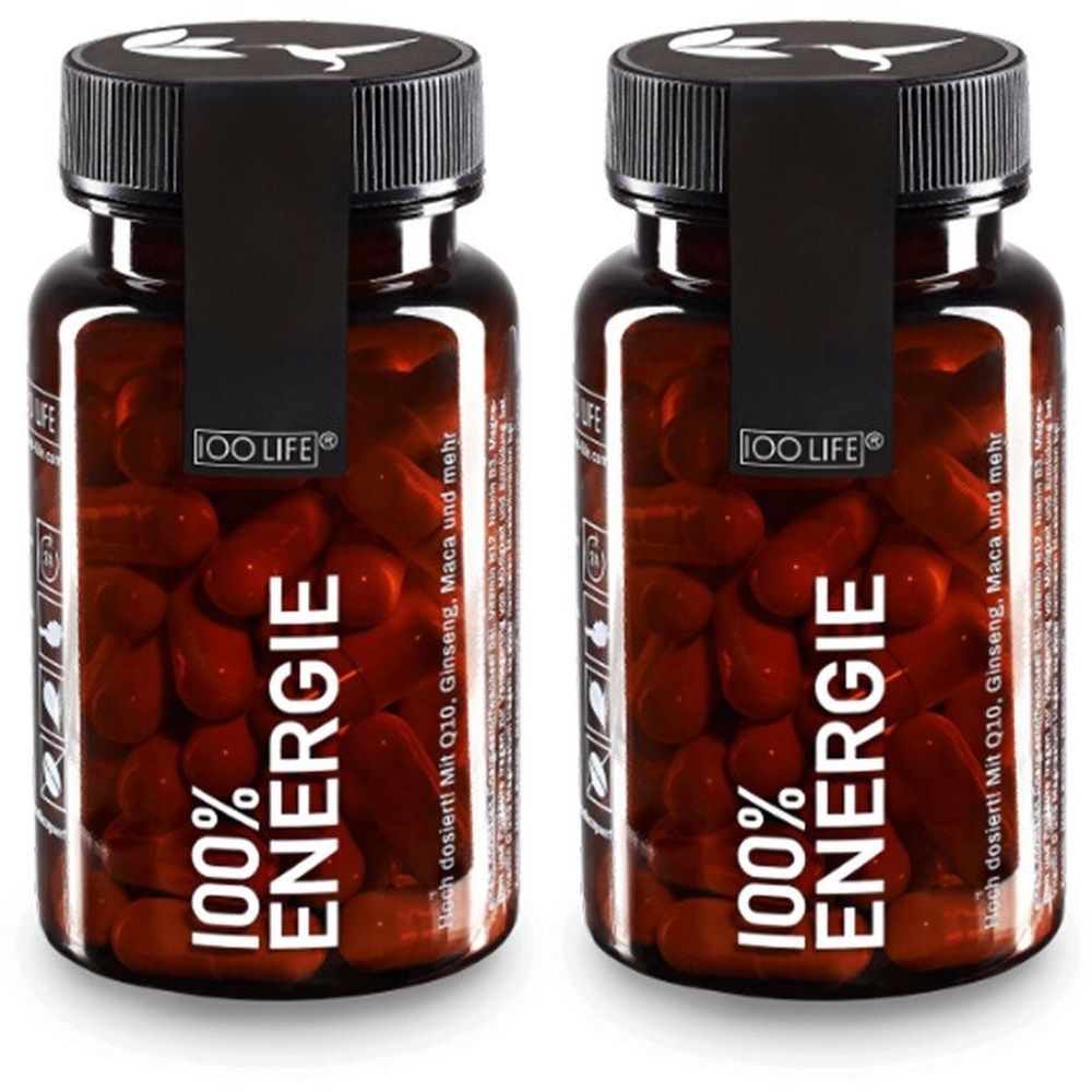 Zwei braune Glasflaschen mit schwarzen Deckeln. Auf den Flaschen steht "100% Energie". Die Flaschen enthalten Kapseln. Aufkleber mit "IOO LIFE".