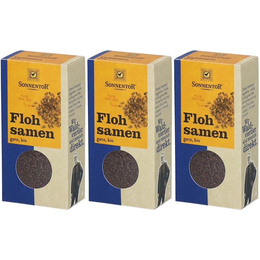 Drei rechteckige Kartons mit SonnentoR-Logo und Aufschrift Flohsamen. Die Verpackung zeigt eine Abbildung von Samen und einem Mann.