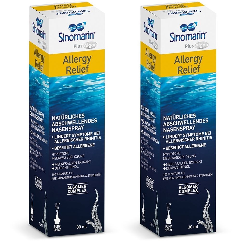 Zwei Schachteln Sinomarin Allergy Relief Nasenspray. Weiße Schachtel mit blauem Wasserhintergrund und gelbem Streifen. Text: Allergy Relief.